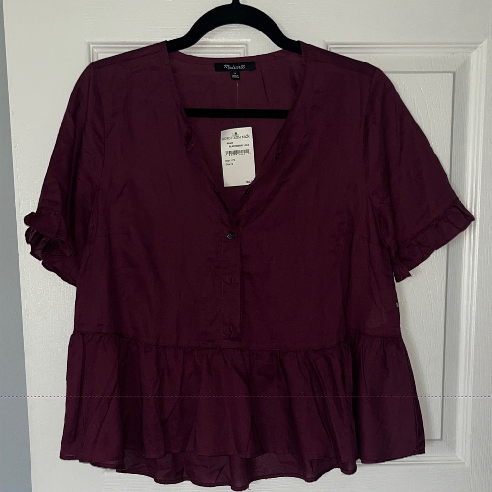 Madewell Deep Burgundy Blouse with Ruffle Hem NWT